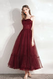 solvbao Burgundy Tulle Sequins Tea Length Prom Dress, A-Line Party Dress