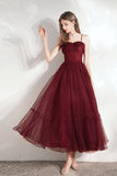 solvbao Burgundy Tulle Sequins Tea Length Prom Dress, A-Line Party Dress