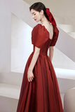 solvbao Burgundy Satin Long Prom Dresses, A-Line Short Sleeve Evening Dresses