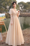 solvbao Cute Tulle Long A-Line Prom Dresses, Champagne Lace-Up Party Dresses