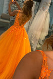 solvbao Orange V-Neck Lace Long Prom Dresses, A-Line Evening Dresses