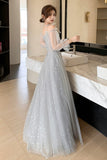 solvbao Gray Tulle Lace Long Prom Dresses, A-Line Evening Dresses