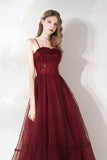 solvbao Burgundy Tulle Sequins Tea Length Prom Dress, A-Line Party Dress