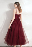 solvbao Burgundy Tulle Sequins Tea Length Prom Dress, A-Line Party Dress