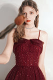 solvbao Burgundy Tulle Sequins Tea Length Prom Dress, A-Line Party Dress