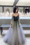 solvbao A-Line Ombre Tulle Long Prom Dress, V-Neck Evening Dress