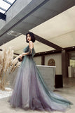 solvbao A-Line Ombre Tulle Long Prom Dress, V-Neck Evening Dress