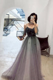 solvbao A-Line Ombre Tulle Long Prom Dress, V-Neck Evening Dress