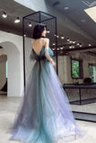 solvbao A-Line Ombre Tulle Long Prom Dress, V-Neck Evening Dress