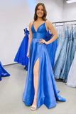 solvbao Blue V-Neck Satin Long Prom Dresses, Blue Evening Dresses with Slit