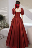 solvbao Burgundy Satin Long Prom Dresses, A-Line Short Sleeve Evening Dresses