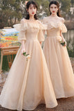 solvbao Cute Tulle Long A-Line Prom Dresses, Champagne Lace-Up Party Dresses