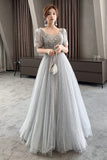 solvbao Gray Tulle Sequins Long Prom Dresses, A-Line Evening Dresses