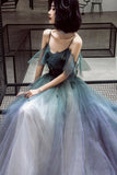 solvbao A-Line Ombre Tulle Long Prom Dress, V-Neck Evening Dress