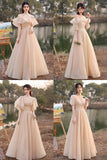 solvbao Cute Tulle Long A-Line Prom Dresses, Champagne Lace-Up Party Dresses