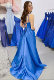 solvbao Blue V-Neck Satin Long Prom Dresses, Blue Evening Dresses with Slit