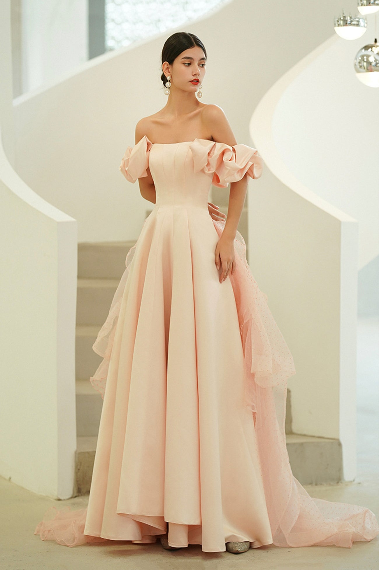 solvbao Pink Satin Long Prom Dresses, A-Line Off the Shoulder Evening Party Dresses