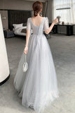 solvbao Gray Tulle Lace Long Prom Dresses, A-Line Evening Dresses