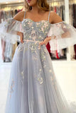 solvbao Gray Spaghetti Strap Long Prom Dresses, A-Line Evening Dress