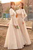 solvbao Cute Tulle Long A-Line Prom Dresses, Champagne Lace-Up Party Dresses