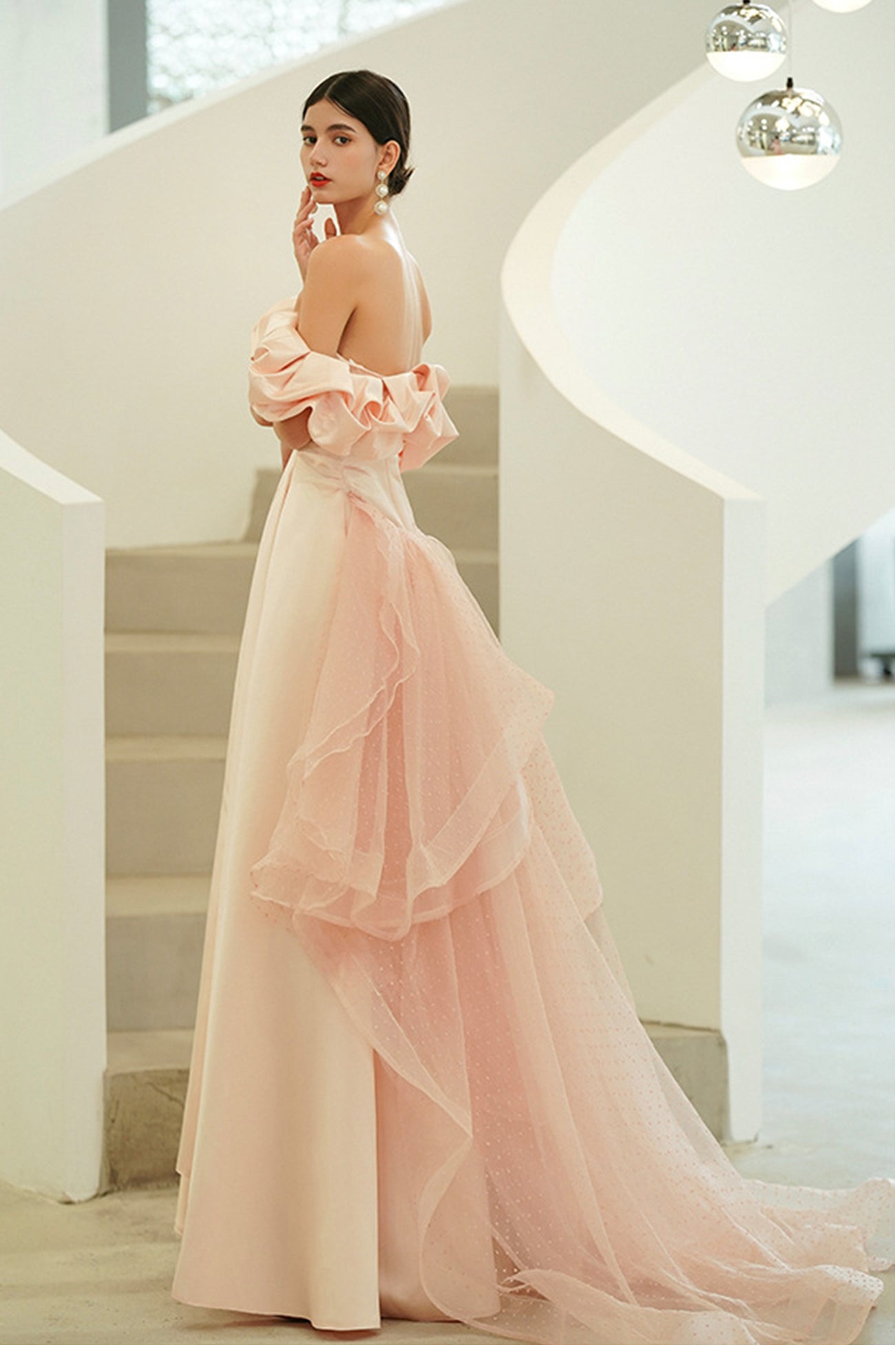 solvbao Pink Satin Long Prom Dresses, A-Line Off the Shoulder Evening Party Dresses