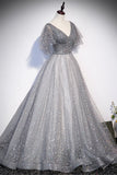 solvbao Grey V-Neck Tulle Long Prom Dresses, A-Line Evening Dresses