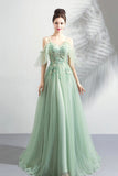 solvbao Green Lace Floor Length Prom Dresses, A-Line Off the Shoulder Evening Dresses