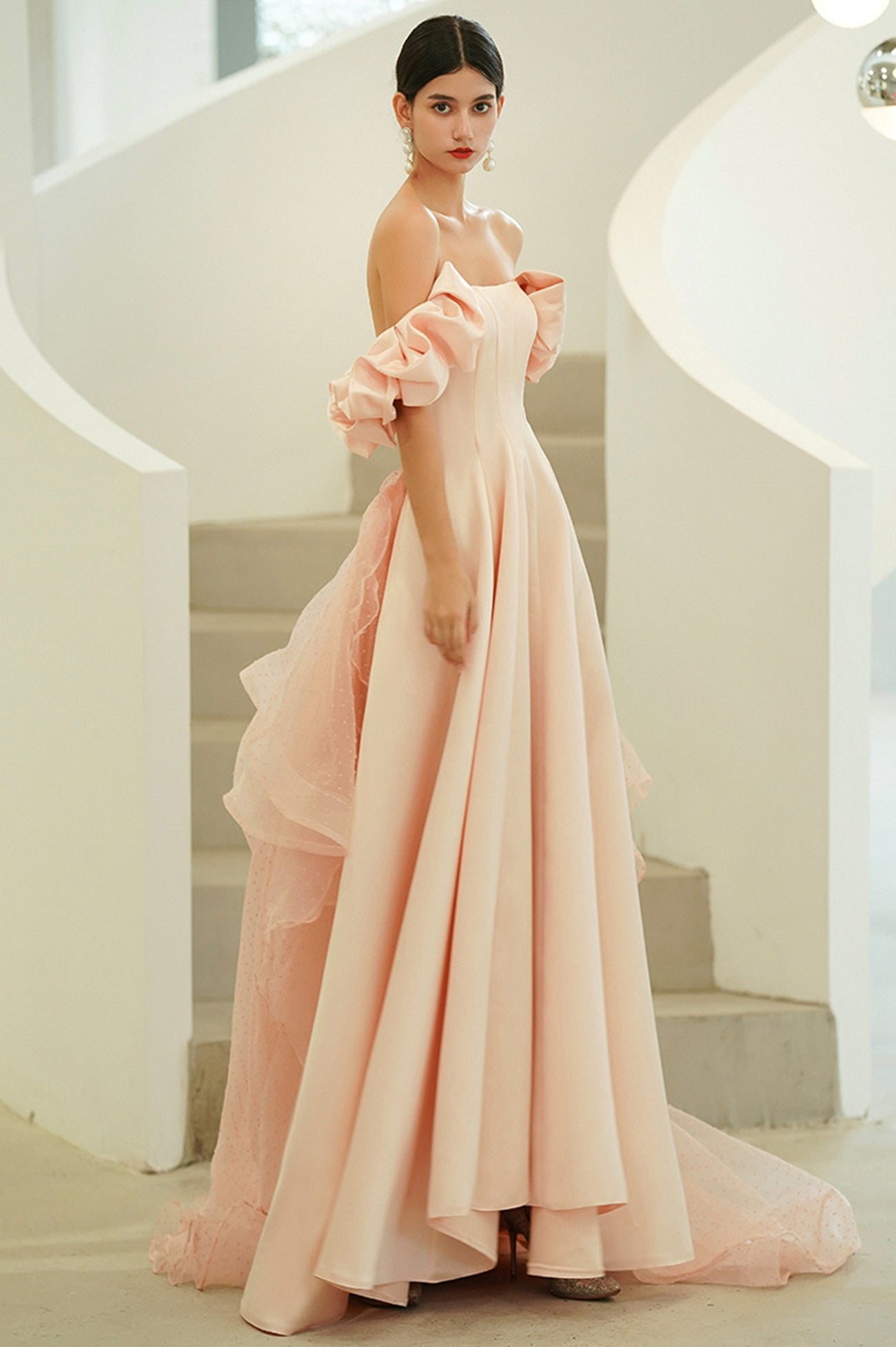 solvbao Pink Satin Long Prom Dresses, A-Line Off the Shoulder Evening Party Dresses