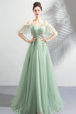 solvbao Green Lace Floor Length Prom Dresses, A-Line Off the Shoulder Evening Dresses