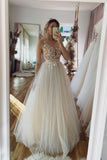 solvbao Champagne Tulle Lace Long Prom Dress, A-Line Evening Party Dress