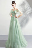 solvbao Green Lace Floor Length Prom Dresses, A-Line Off the Shoulder Evening Dresses