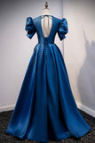 solvbao Blue V-Neck Satin Long Prom Dresses, A-Line Blue Evening Dresses