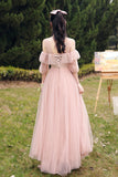 solvbao Pink Lace Long Prom Dresses, Lovely A-Line Evening Dresses