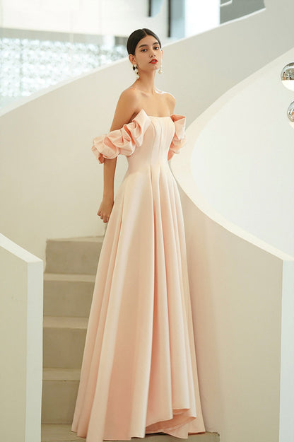 solvbao Pink Satin Long Prom Dresses, A-Line Off the Shoulder Evening Party Dresses