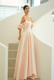 solvbao Pink Satin Long Prom Dresses, A-Line Off the Shoulder Evening Party Dresses