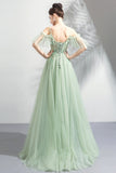 solvbao Green Lace Floor Length Prom Dresses, A-Line Off the Shoulder Evening Dresses