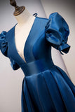 solvbao Blue V-Neck Satin Long Prom Dresses, A-Line Blue Evening Dresses