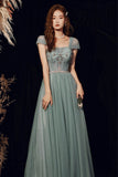 solvbao Beautiful Tulle Beaded Long Prom Dress,  A-Line Evening Dress