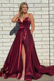 solvbao Burgundy Satin Long Prom Dresses, Simple A-Line Evening Dresses