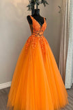 solvbao Orange V-Neck Lace Long Prom Dresses, A-Line Evening Party Dresses