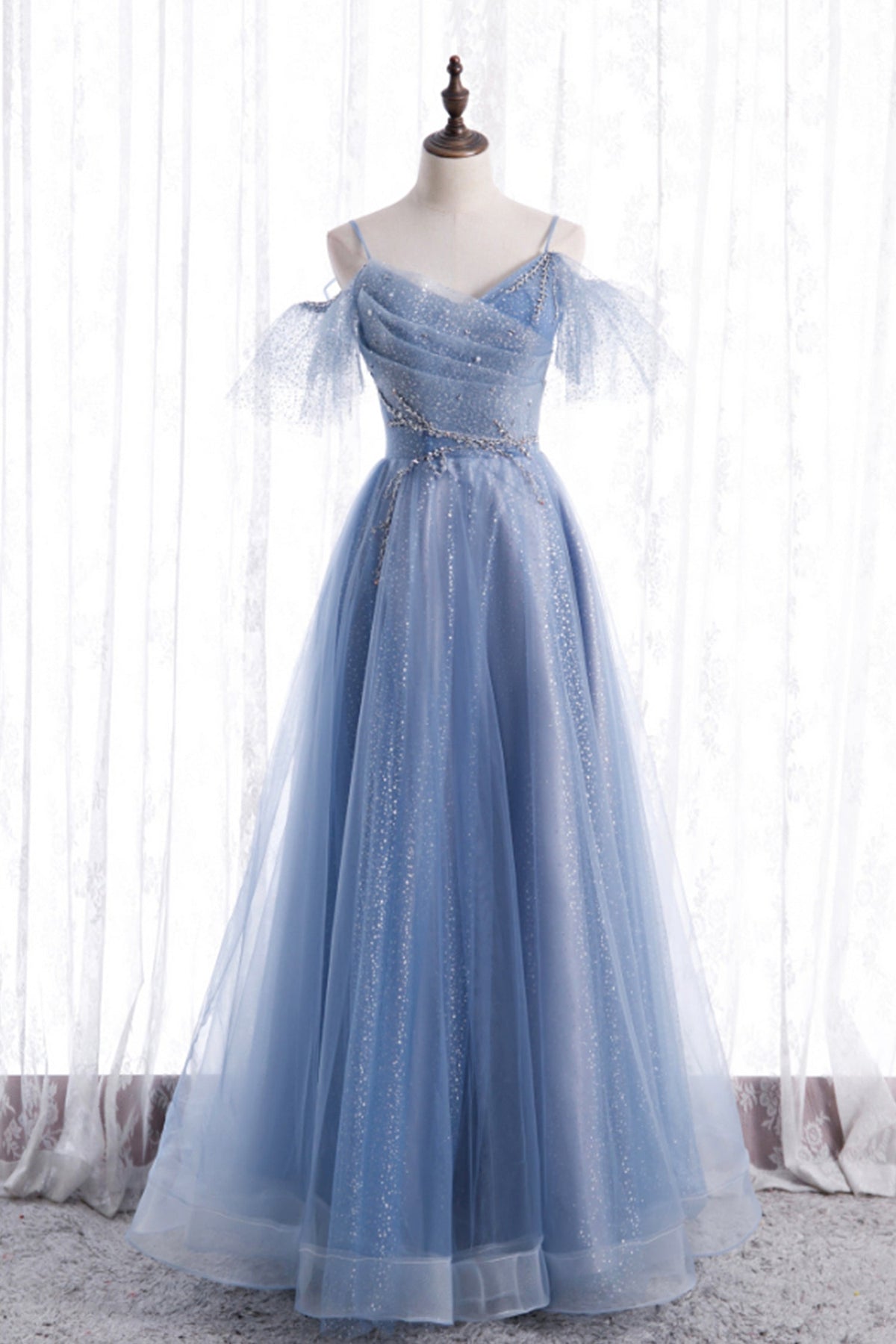 solvbao Blue Tulle Long A-Line Prom Dresses, Blue Spaghetti Strap Evening Dresses