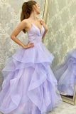 solvbao Purple V-Neck Tulle Long Prom Dresses, A-Line Backless Evening Dresses