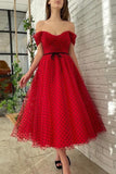 solvbao Red Tulle Short A-Line Prom Dress, Off the Shoulder Evening Dress