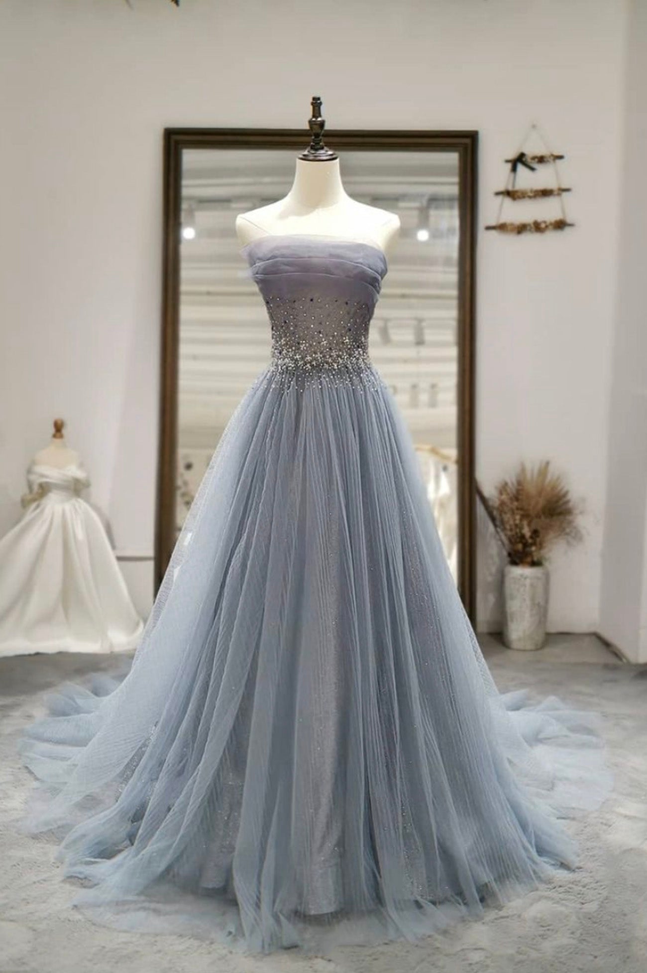 solvbao Gray Tulle Beading Long Prom Dresses, A-Line Strapless Evening Dresses