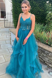 solvbao Blue Tulle Lace Long Prom Dresses, A-Line Backless Evening Dresses