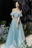 solvbao A-Line Tulle Long Prom Dress, Off the Shoulder Evening Dress