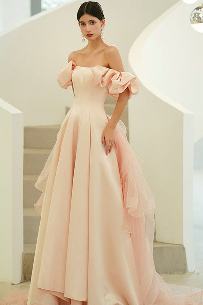 solvbao Pink Satin Long Prom Dresses, A-Line Off the Shoulder Evening Party Dresses