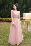 solvbao Pink Lace Long Prom Dresses, Lovely A-Line Evening Dresses