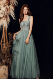 solvbao Beautiful Tulle Beaded Long Prom Dress,  A-Line Evening Dress