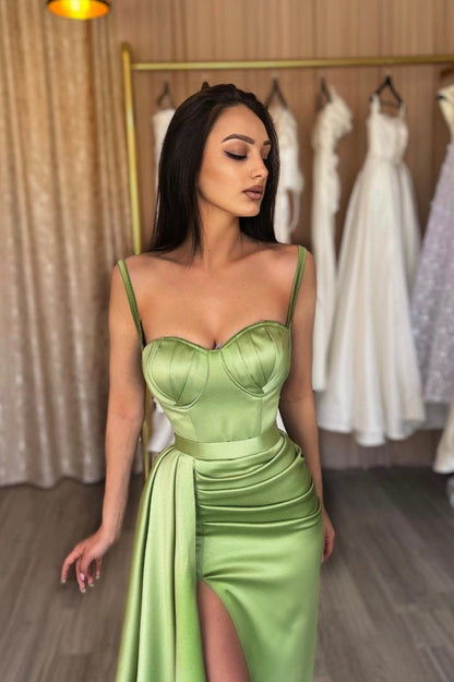 solvbao Spaghetti Straps Pleats High Split Long Prom Dress, Green Evening Party Dress